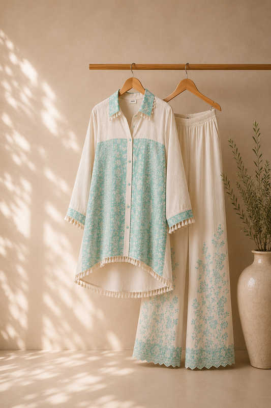 Mint Garden Embroidered Cord Set